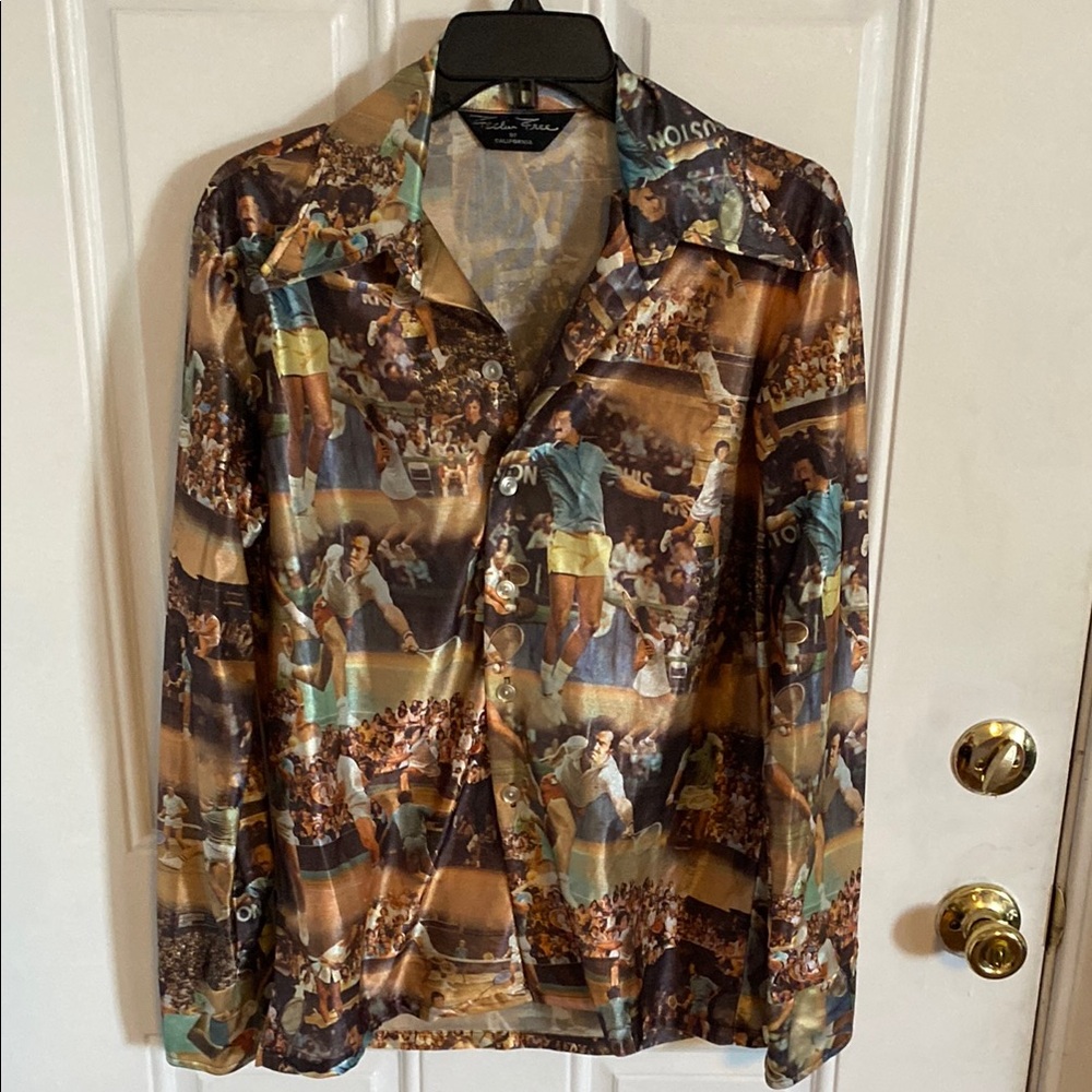 Rare 1970’s Vintage Polyester Men’s Shirt Tennis Match Collage Sz Small ? Feelin